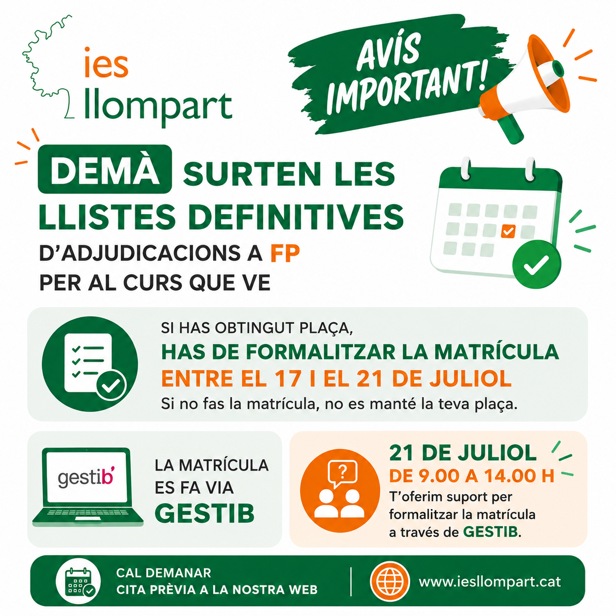 Demà es publiquen les llistes definitives d’adjudicació d’FP